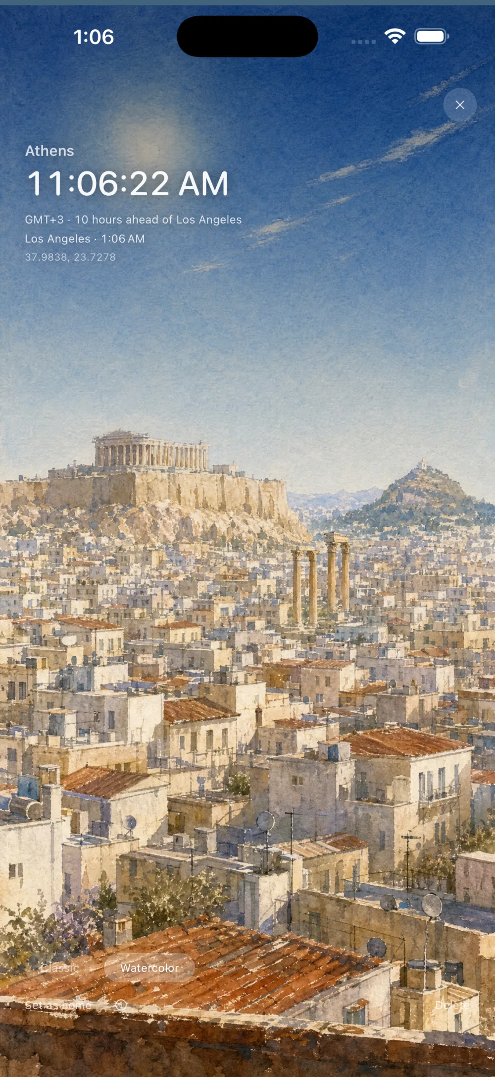 Athens in watercolor at midday, the Acropolis above the rooftops
