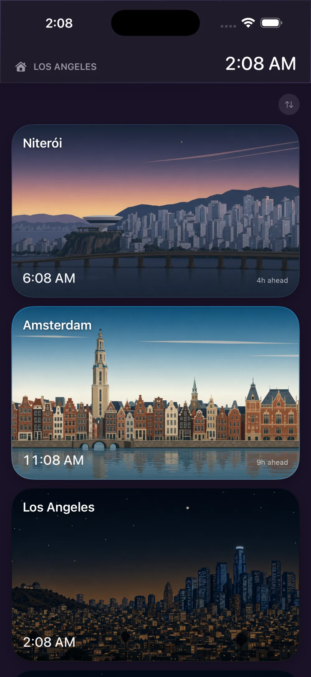 Elsewhere home screen: Niterói at dawn, Amsterdam by day, and Los Angeles at night