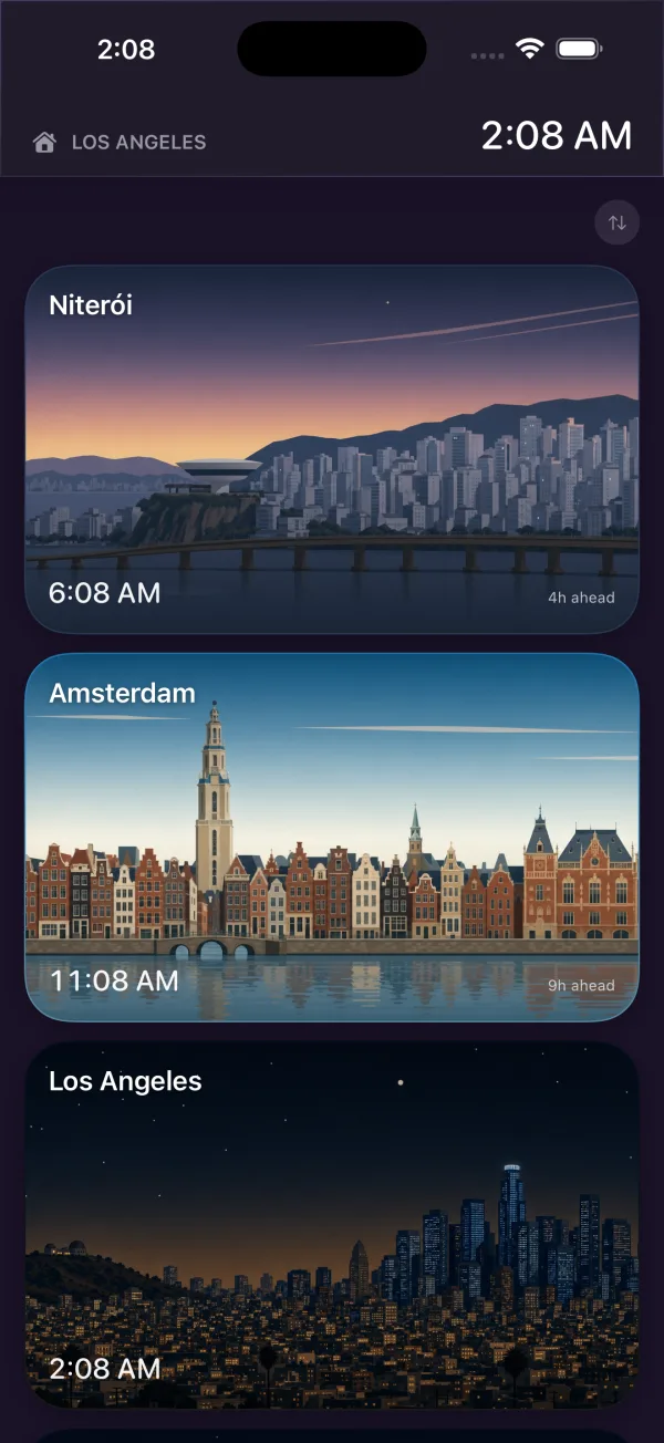 Elsewhere home screen: Niterói at dawn, Amsterdam by day, and Los Angeles at night